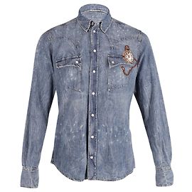 Dolce & Gabbana Clock Embroidered Long Sleeve Button Front Shirt in Blue Cotton Denim  Blue
