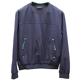 Prada-Prada Sweater with Zipped Pockets and Neon Green Accents in Navy Blue Polyester -Blue
