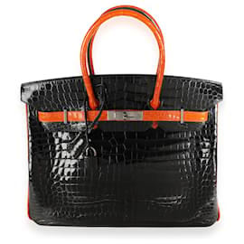 Hermès-Hermes Limited Edition Black & Orange Shiny Porosus Crocodile Birkin 35 Phw -Black