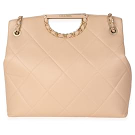 Chanel-Chanel Beige Quilted Caviar Chain Frame Shopping Tote -Flesh