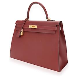 Hermès-Hermes Rouge H Sombrero Sellier Kelly 35 Ghw With Striped Canvas Strap-Red