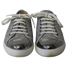 Miu Miu-Miu Miu Glitter Sneakers in Metallic Silver Leather-Silvery,Metallic