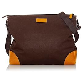 Gucci-Leather-Trimmed Messenger Bag-Brown