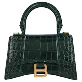 Balenciaga-Balenciaga Femme Hourglass XS en cuir embossé crocodile vert-Vert