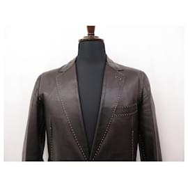 Fendi-[Fendi] Super luxury leather jacket Stitch decoration design 2 buttons (men’s) Size 48 Dark brown-Dark brown