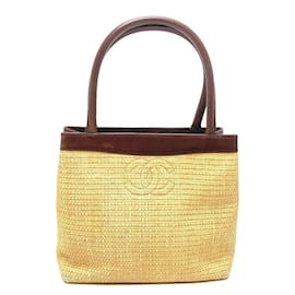 Chanel-CHANEL Chanel CC Coco Mark Shoulder Basket Bag Tote Bag Straw/Leather Women's Beige x Brown-Brown,Beige