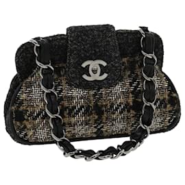Chanel-CHANEL Turn Lock Chain Shoulder Bag Wool Gray CC Auth 30734a-Grey