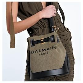 Balmain-Balmain B-Army Bucket Bag Canvas Leather-Black,Khaki