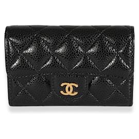 Chanel-Chanel Black Quilted Caviar Flap Card Holder Wallet-Black