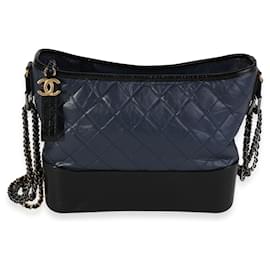 Chanel-Chanel Navy & Black Aged Calfskin Quilted Medium Gabrielle Hobo -Blue