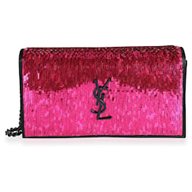 Saint Laurent-Saint Laurent Pink Paillette & Black Suede Monogram Kate Chain Wallet -Pink