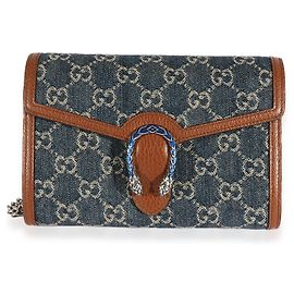 Gucci Blue Gg Denim & Brown Leather Dionysus Chain Wallet Blue