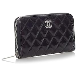 Chanel-Chanel Black CC Patent Leather Zip Around Wallet-Black