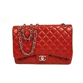 CHANEL Red Caviar Leather Classic lined Flap Maxi Bag Silver hardware Red