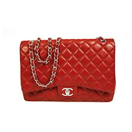 Chanel-CHANEL Red Caviar Leather Classic lined Flap Maxi Bag Silver hardware-Red