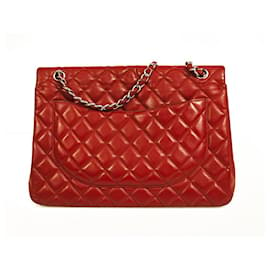 Chanel-CHANEL Red Caviar Leather Classic Flap Maxi Bag Matériel argenté-Rouge
