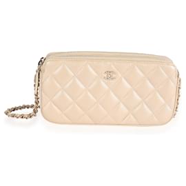 Chanel-Chanel Gold Quilted Lambskin lined Zip Pearl Chain Wallet-Flesh