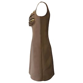 Prada-Prada Beaded Ruffle Sleeveless Dress in Nude Brown Wool-Brown