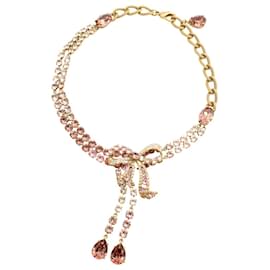 Dolce & Gabbana-Dolce & Gabbana Pink Crystal Glass Christmas Bow Choker Necklace in Gold Brass-Golden,Metallic