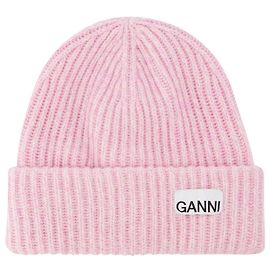 Ganni Ribbed Beanie Hat in Pink Recycled Wool/Poly Pink
