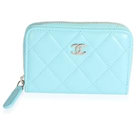 Chanel-Chanel Light Blue Quilted Lambskin Zippy Card Holder Wallet-Blue