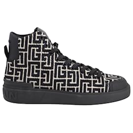 Balmain-Balmain B-Court Monogram High-Top Sneakers in Black Cotton-Black