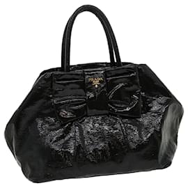Prada-PRADA ribbon Hand Bag Patent Leather Black Auth bs1803-Black