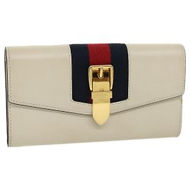 GUCCI Sylvie Continental Wallet Sherry Line Leather Beige Navy Red Auth 31004a Red Beige Navy blue