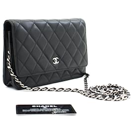 Chanel-CHANEL Cartera clásica negra con cadena Bolso de hombro WOC Piel de cordero-Negro