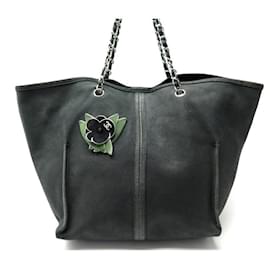 Chanel-CHANEL LARGE SHOPPING BAG FLOWER CAMELIA BLACK LEATHER TOTE BAG-Black