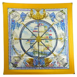 Hermès-HERMES VIVE LE VENT BOAT SCARF IN YELLOW SQUARE SILK 90 CM SILK SCARF YELLOW-Yellow