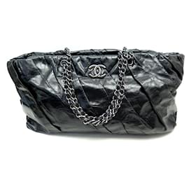 Chanel-TRAVEL HANDBAGS CHANEL SHOPPING BAG BLACK PLEATED LEATHER WEEKEND PURSE-Black