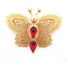 BROCHE VINTAGE YVES SAINT LAURENT MARIPOSA EN METAL DORADO PERLA BROCHE MARIPOSA Dorado
