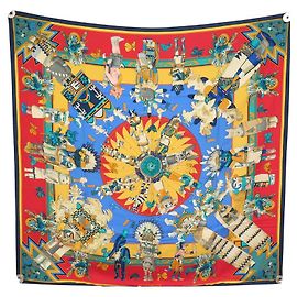 Hermès LENÇO HERMES KACHINAS INDIAN KERMIT OLIVER SQUARE EM SEDA VERMELHA LENÇO Vermelho