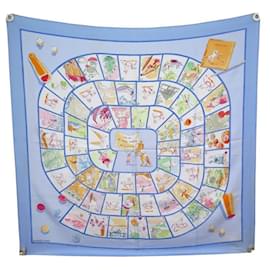 Hermès-HERMES SCARF THE GAME OF LITTLE HAPPINESS SYNES SQUARE 90 BLUE SILK SCARF-Blue
