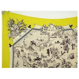 Hermès-VINTAGE SCARF HERMES LA FRANCE FROM LA PERRIERE CARRE 90 YELLOW SILK SCARF-Yellow