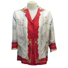 Hermès-VINTAGE SHIRT BLOUSE HERMES SCARF LA MARINE IN WOOD 40 M SILK SHIRT-Multiple colors