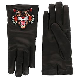 Gucci Cat bestickte Lederhandschuhe Schwarz