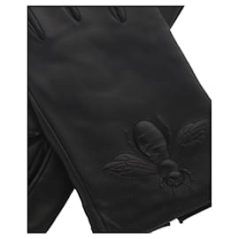 Gucci-Bumble-Bee Embossed Leather Gloves-Black