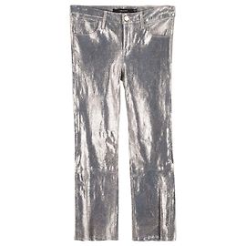 J Brand  Selena Snake-Effect Cropped Boot Trousers in Silver Lambskin Leather Silvery Metallic