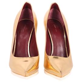 Céline-Celine Pointed Toe Wedge Pumps in Gold Patent Leather-Golden