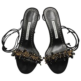 Manolo Blahnik-Manolo Blahnik Embellished Strappy Sandals in Black Leather-Black