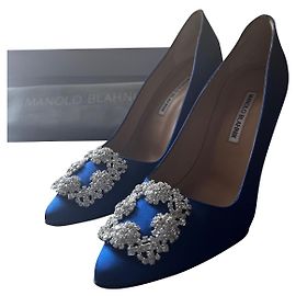 Manolo Blahnik Blue Leather and Silk Heels Size 38 Blue