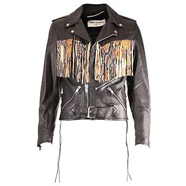 Saint Laurent Veste Python Aloha à Franges en Cuir Noir Noir