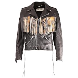 Saint Laurent-Saint Laurent Fringe Python Aloha Jacket in Black Leather-Black