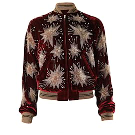 Saint Laurent-Saint Laurent Starburst Teddy Jacket in Burgundy Silk-Red,Dark red