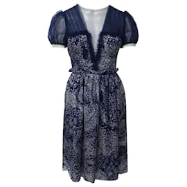 Autre Marque-Rodarte Puff Sleeve Knee Length Printed Dress in Blue Silk-Other