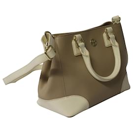 Tory Burch-Tory Burch Two Tone Saffiano Lux Leather Robinson Tote Bag in Beige Leather -Beige