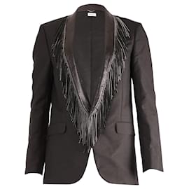 Saint Laurent-Saint Laurent Studded Fringe Lapel Tuxedo Jacket in Black Wool-Black