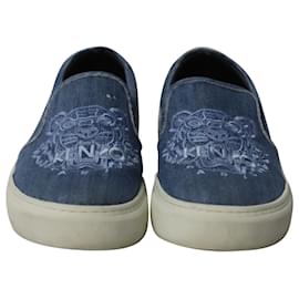 Kenzo-Kenzo Embroidered Slip On Sneakers in Blue Cotton Denim -Blue